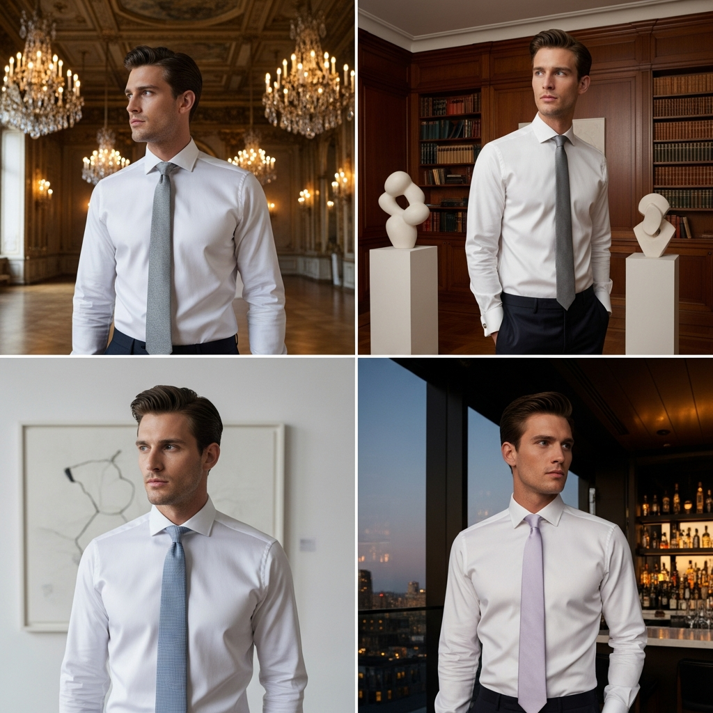 Camisa blanca con corbata de seda azul